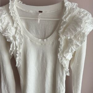 Free People Ivory Ruffle-Shoulder Ribbed Long Sleeve Top